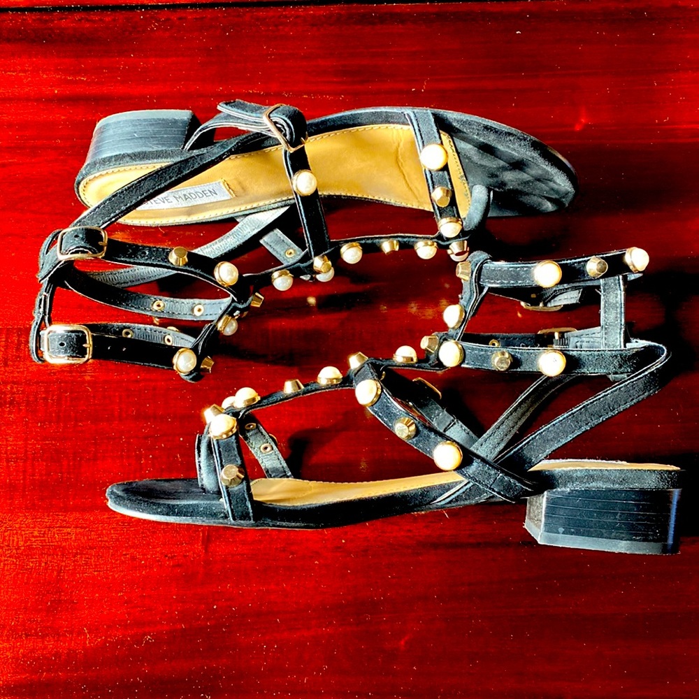 Steve Madden gladiator sandals black with pearls and studs.
